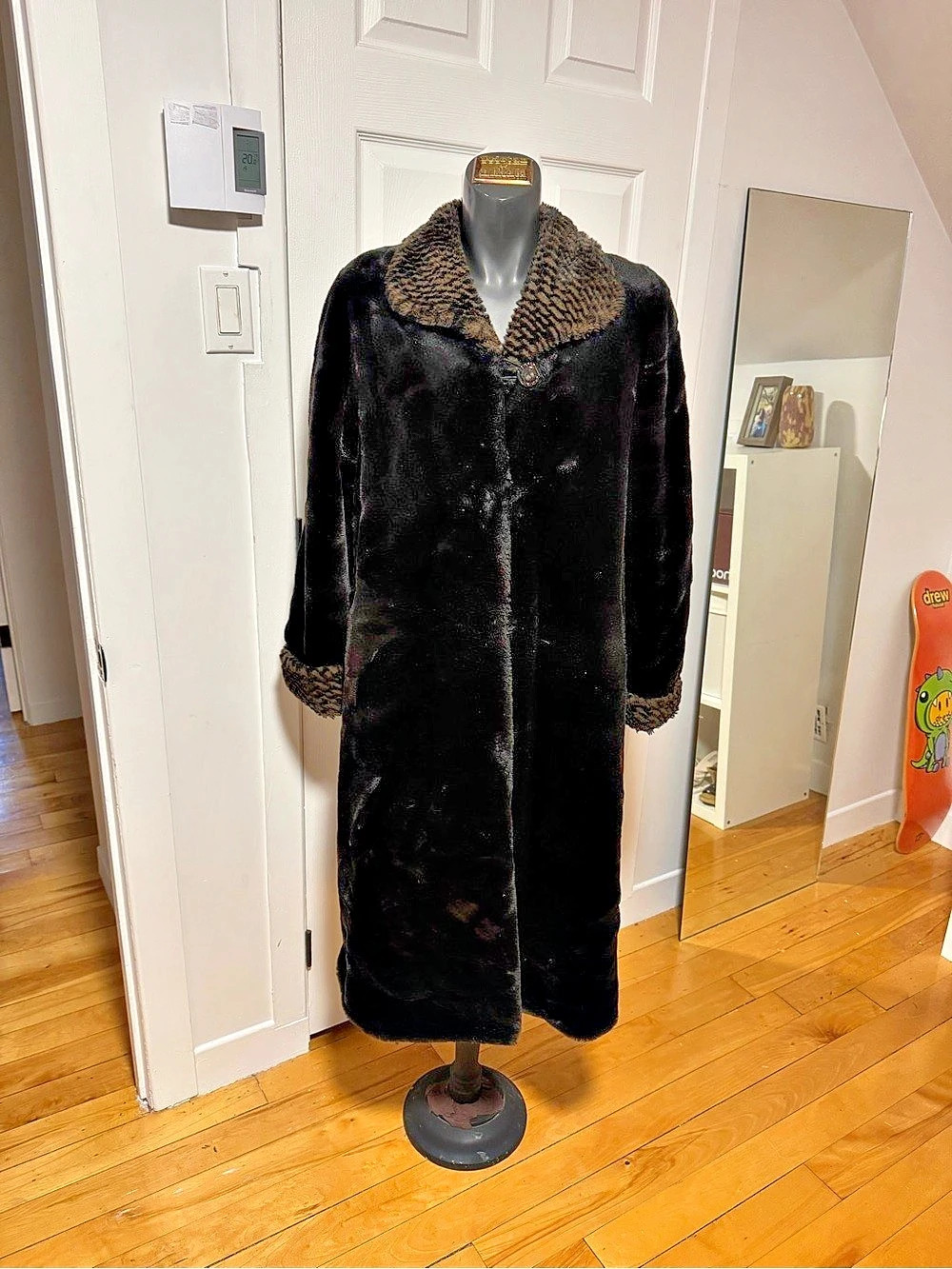 Faux Fur Collar Long Coat in Black & Brown Like New